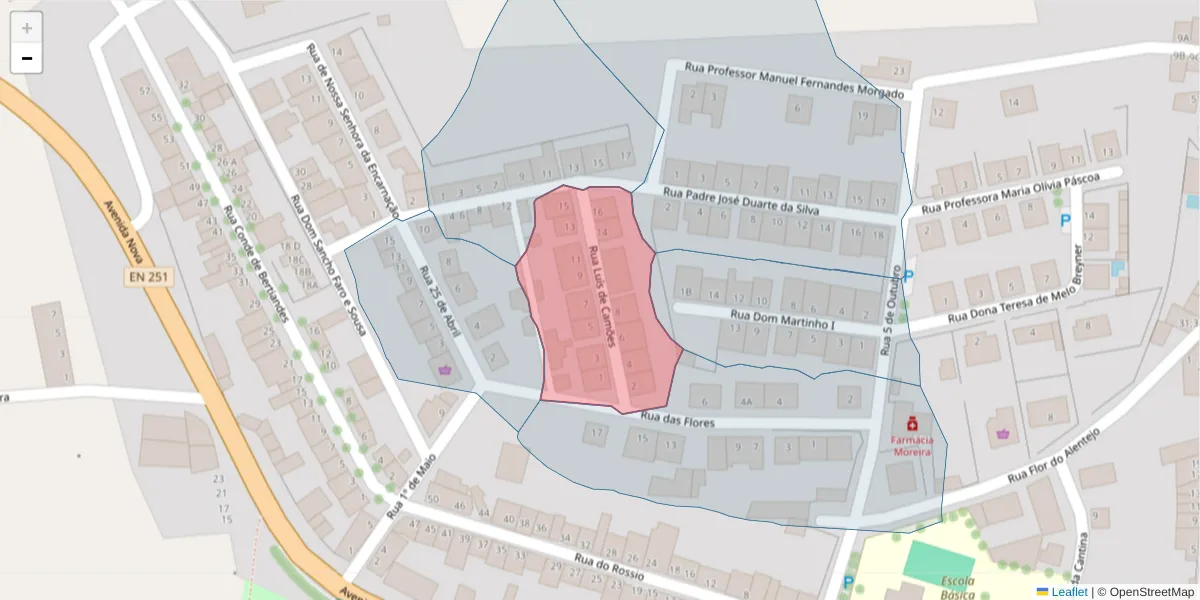 Mapa detalhado do código postal 7040-660 com limites, códigos postais vizinhos e agências dos correios