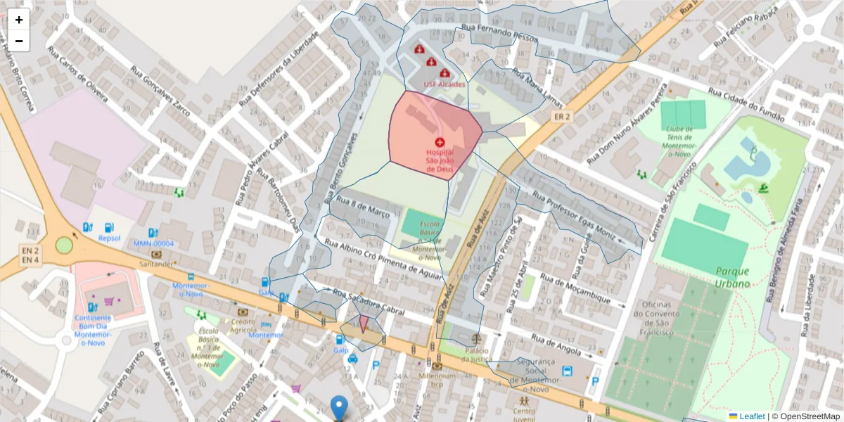 Mapa detalhado do código postal 7050-000 com limites, códigos postais vizinhos e agências dos correios