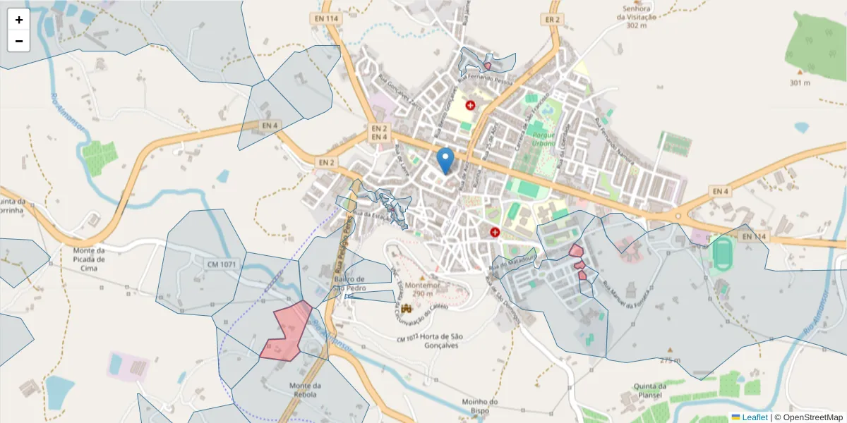 Mapa detalhado do código postal 7050-002 com limites, códigos postais vizinhos e agências dos correios
