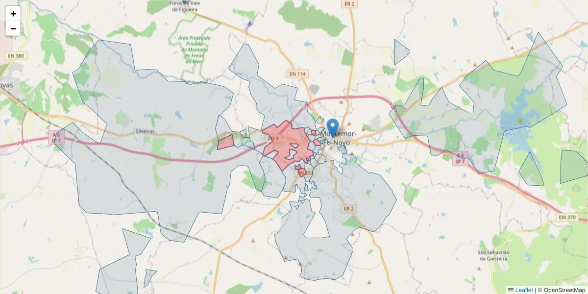 Mapa detalhado do código postal 7050-008 com limites, códigos postais vizinhos e agências dos correios