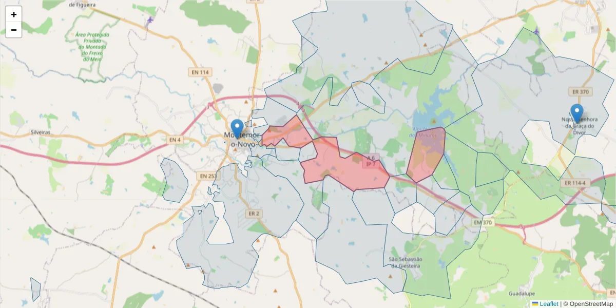 Mapa detalhado do código postal 7050-010 com limites, códigos postais vizinhos e agências dos correios