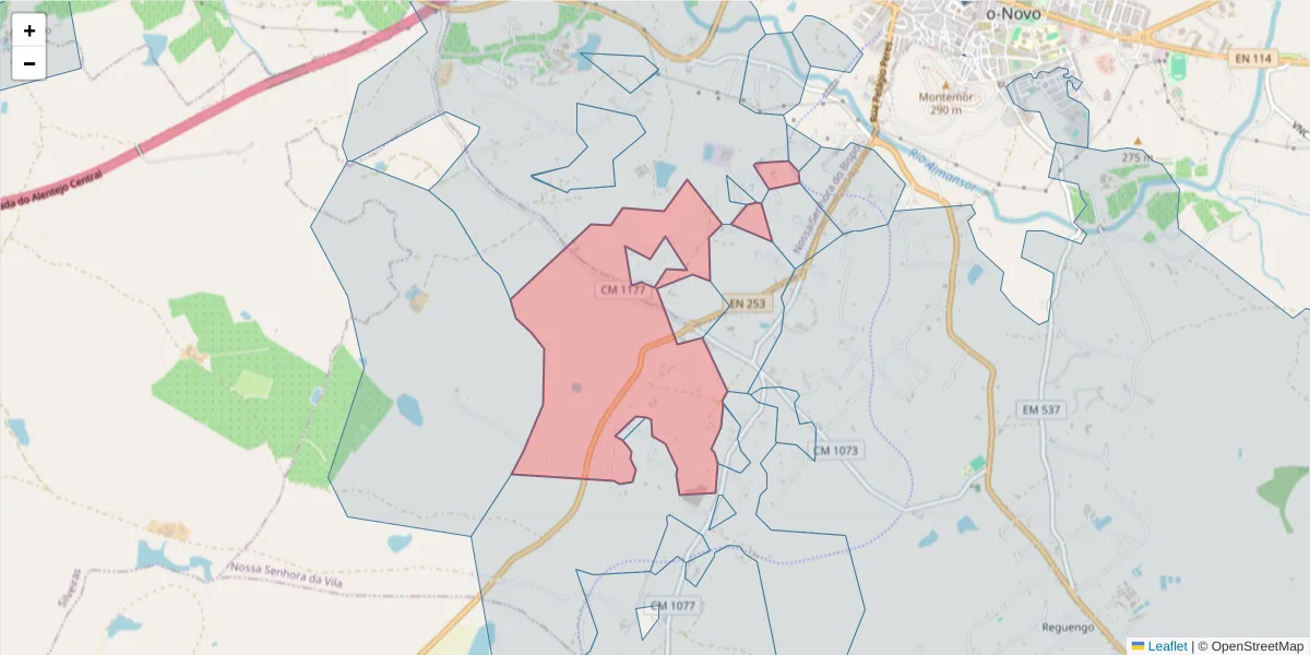 Mapa detalhado do código postal 7050-013 com limites, códigos postais vizinhos e agências dos correios