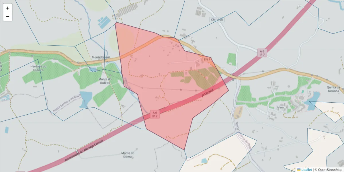 Mapa detalhado do código postal 7050-044 com limites, códigos postais vizinhos e agências dos correios