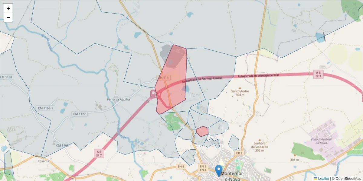 Mapa detalhado do código postal 7050-068 com limites, códigos postais vizinhos e agências dos correios