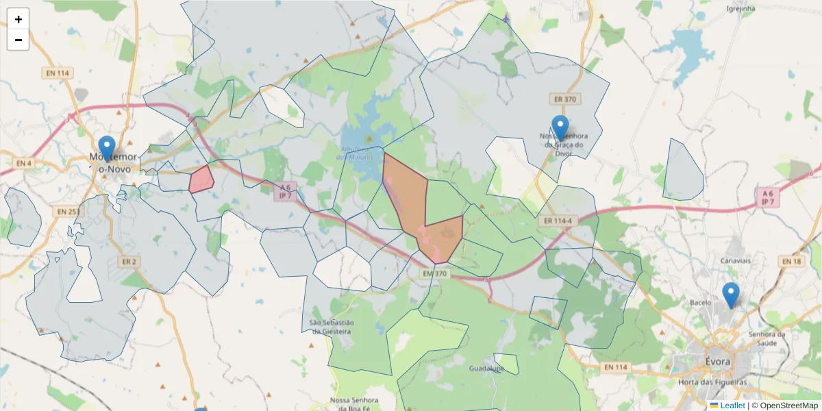 Mapa detalhado do código postal 7050-076 com limites, códigos postais vizinhos e agências dos correios