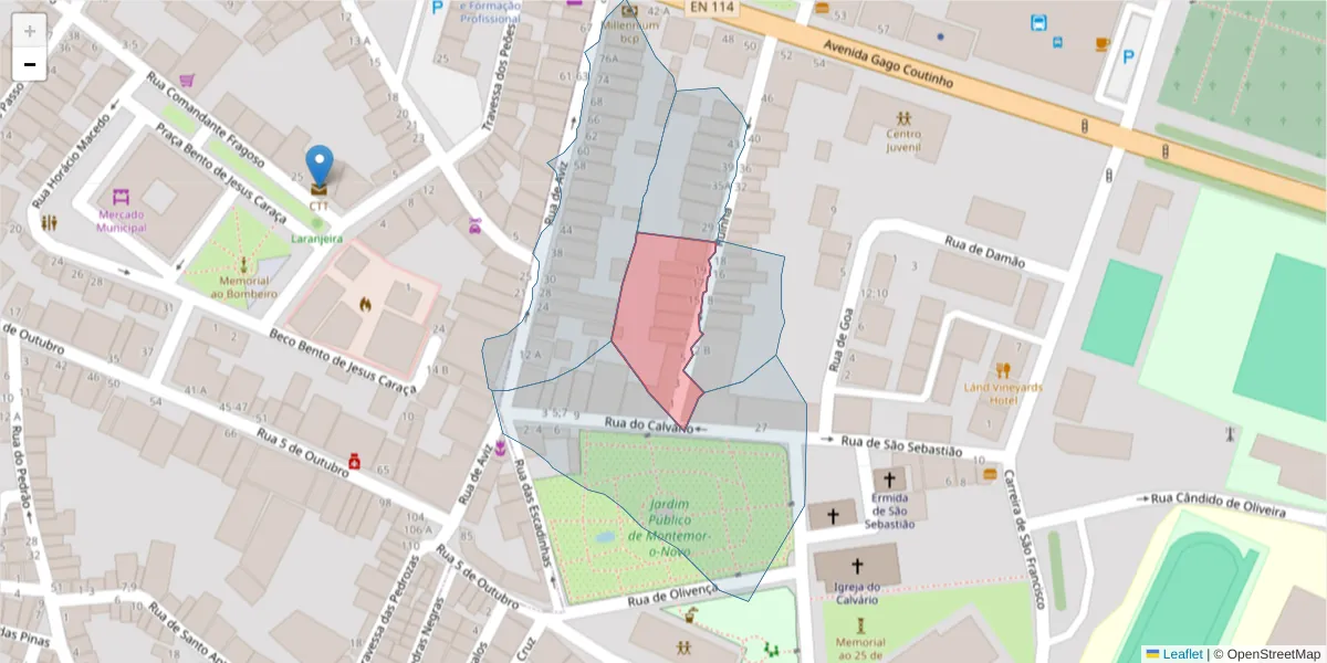 Mapa detalhado do código postal 7050-084 com limites, códigos postais vizinhos e agências dos correios
