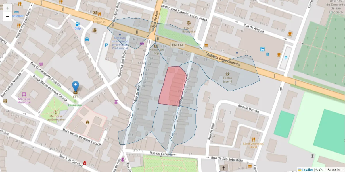 Mapa detalhado do código postal 7050-085 com limites, códigos postais vizinhos e agências dos correios