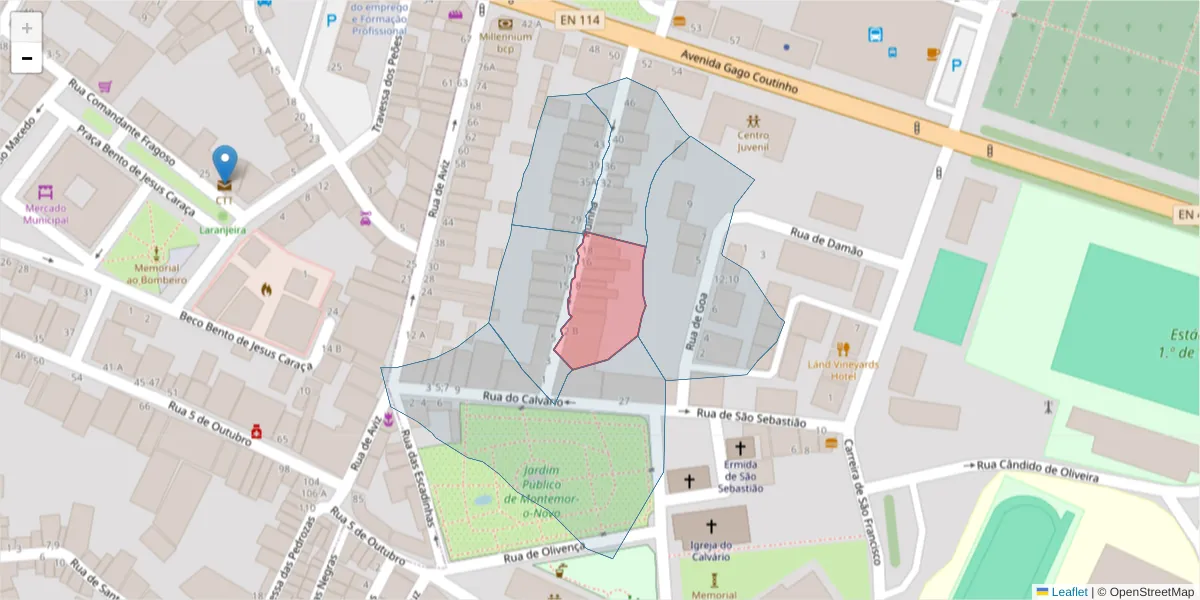 Mapa detalhado do código postal 7050-086 com limites, códigos postais vizinhos e agências dos correios