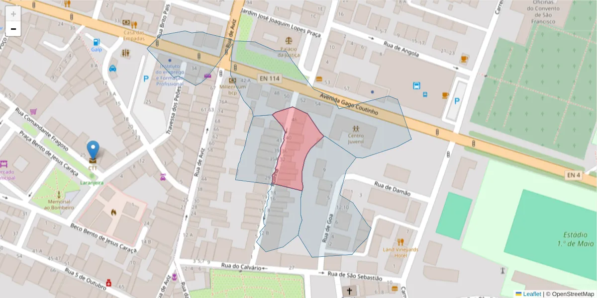 Mapa detalhado do código postal 7050-087 com limites, códigos postais vizinhos e agências dos correios