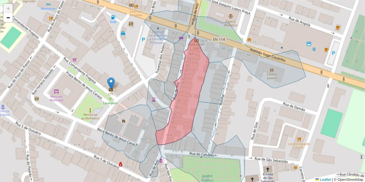 Mapa detalhado do código postal 7050-090 com limites, códigos postais vizinhos e agências dos correios