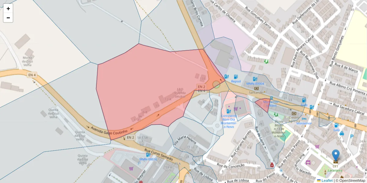 Mapa detalhado do código postal 7050-096 com limites, códigos postais vizinhos e agências dos correios