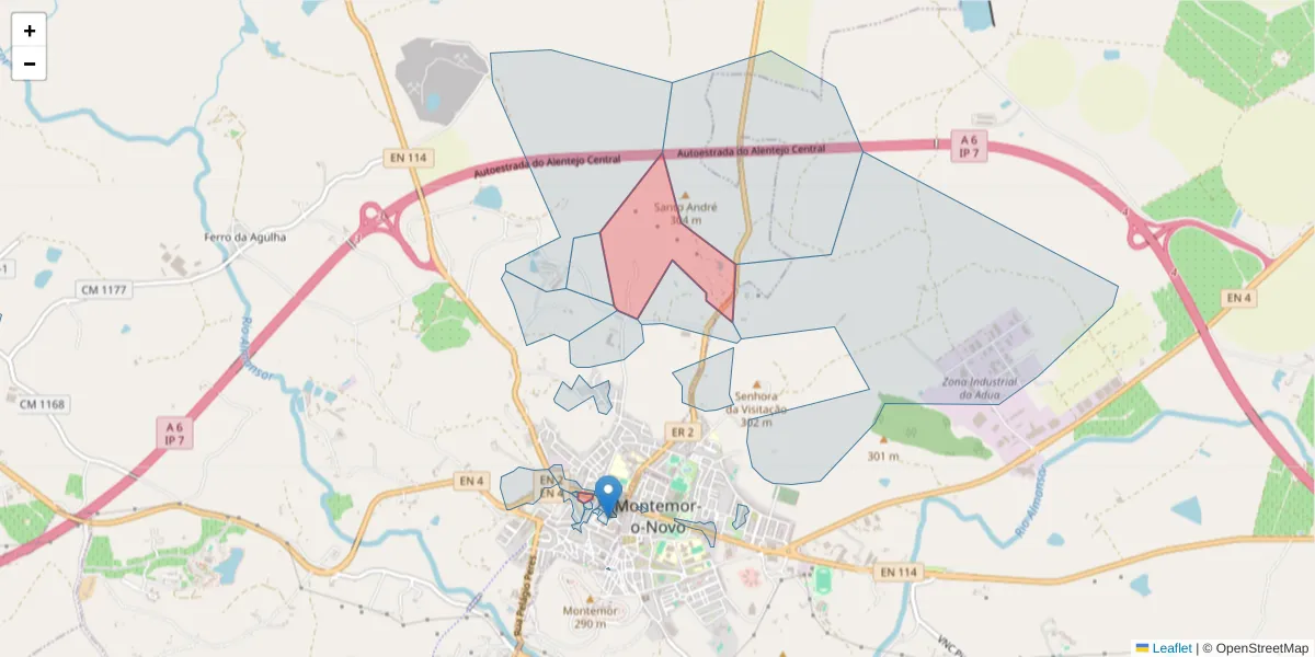 Mapa detalhado do código postal 7050-100 com limites, códigos postais vizinhos e agências dos correios