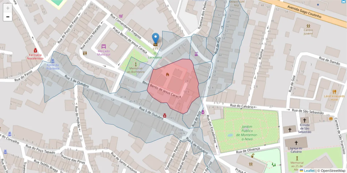 Mapa detalhado do código postal 7050-105 com limites, códigos postais vizinhos e agências dos correios