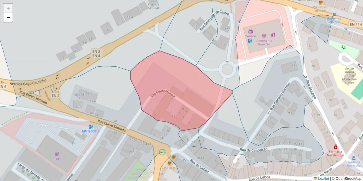 Mapa detalhado do código postal 7050-108 com limites, códigos postais vizinhos e agências dos correios