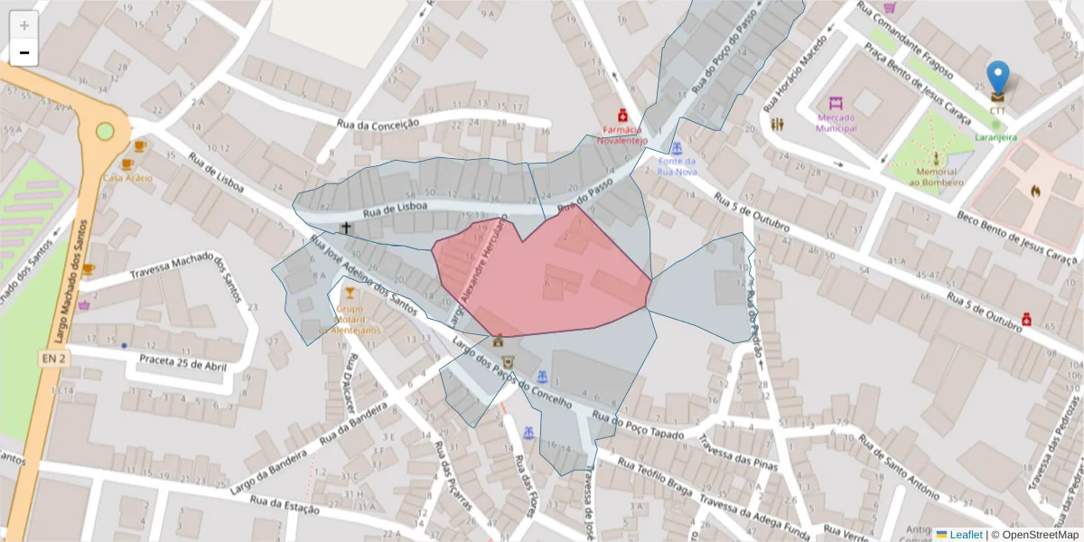 Mapa detalhado do código postal 7050-110 com limites, códigos postais vizinhos e agências dos correios