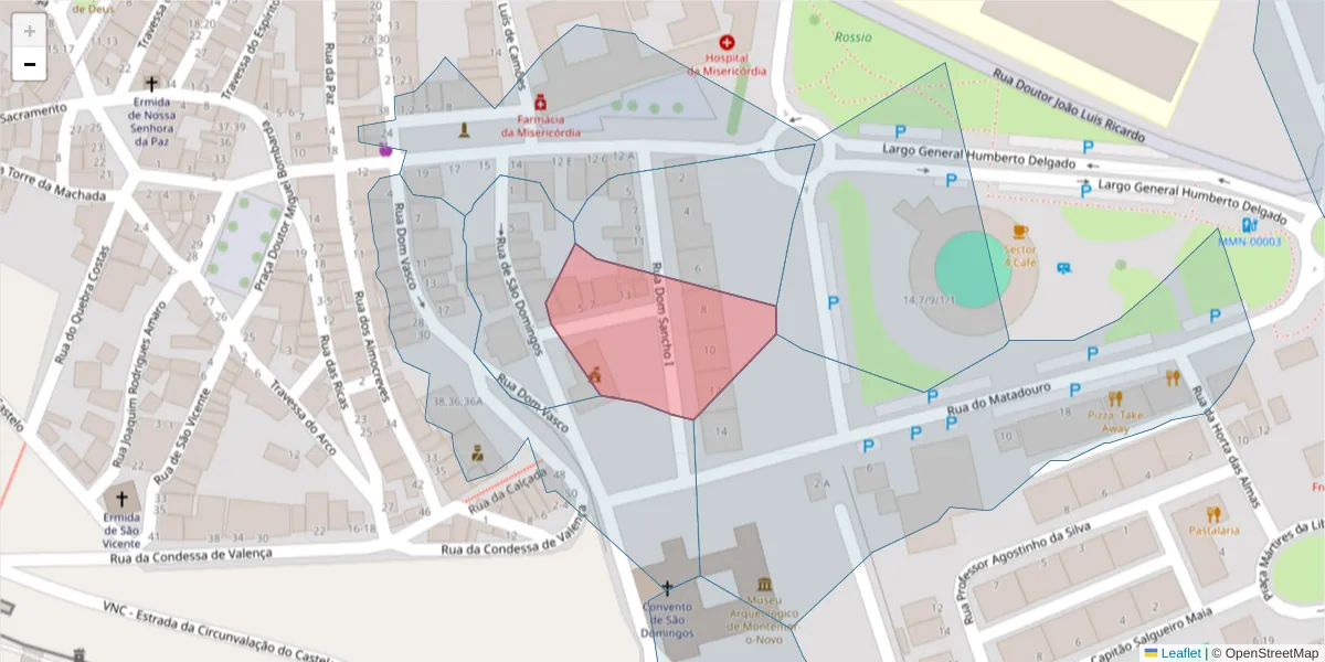 Mapa detalhado do código postal 7050-111 com limites, códigos postais vizinhos e agências dos correios