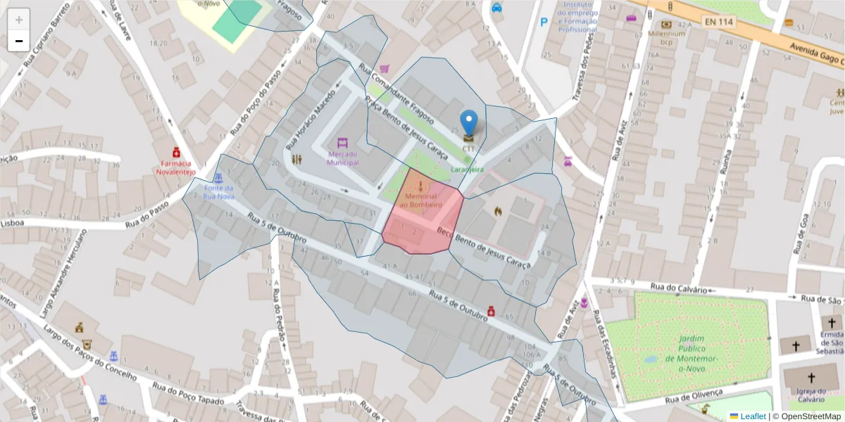 Mapa detalhado do código postal 7050-112 com limites, códigos postais vizinhos e agências dos correios