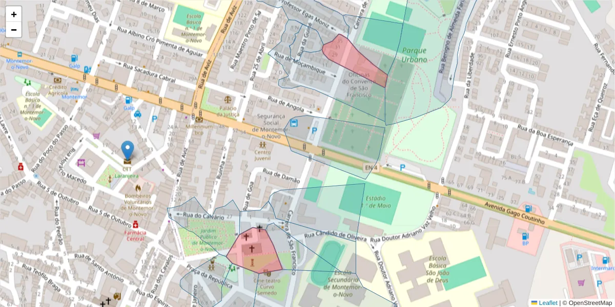 Mapa detalhado do código postal 7050-118 com limites, códigos postais vizinhos e agências dos correios