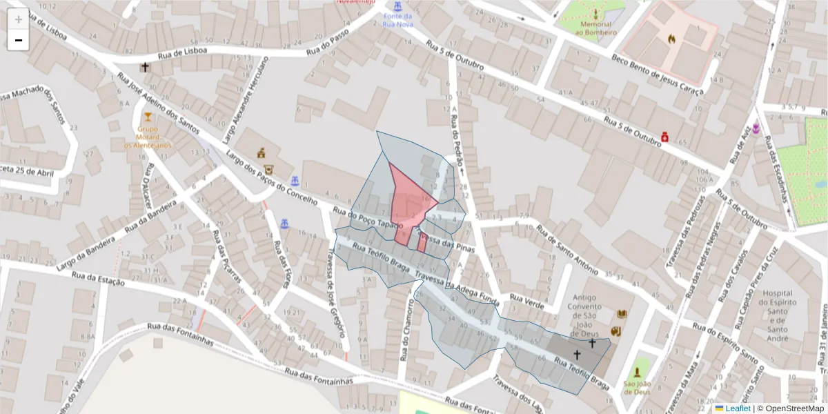 Mapa detalhado do código postal 7050-122 com limites, códigos postais vizinhos e agências dos correios
