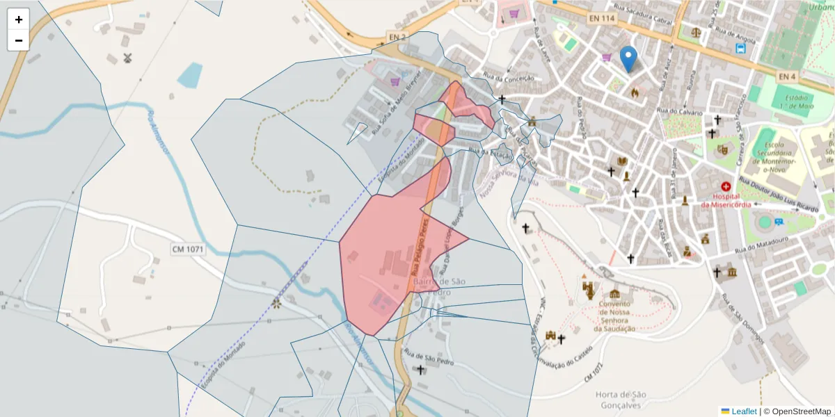 Mapa detalhado do código postal 7050-125 com limites, códigos postais vizinhos e agências dos correios