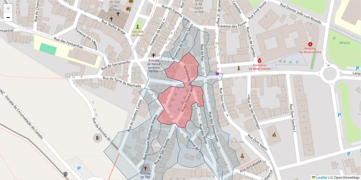 Mapa detalhado do código postal 7050-134 com limites, códigos postais vizinhos e agências dos correios