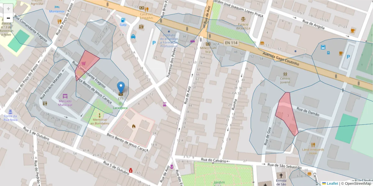 Mapa detalhado do código postal 7050-136 com limites, códigos postais vizinhos e agências dos correios