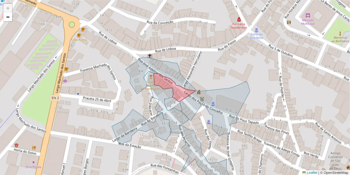 Mapa detalhado do código postal 7050-145 com limites, códigos postais vizinhos e agências dos correios