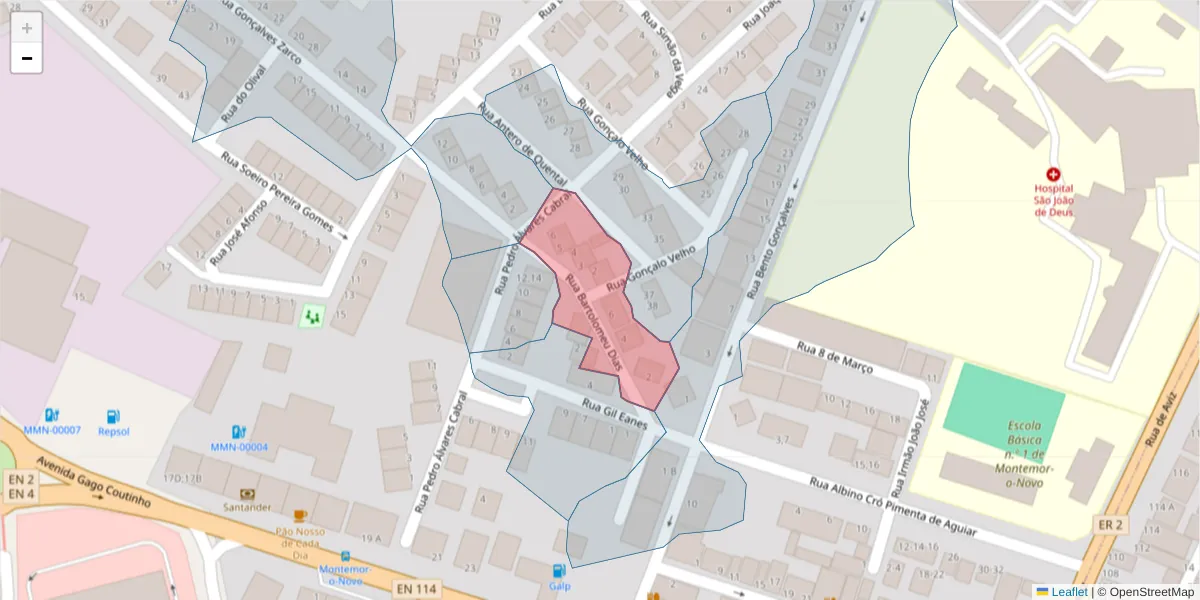 Mapa detalhado do código postal 7050-153 com limites, códigos postais vizinhos e agências dos correios