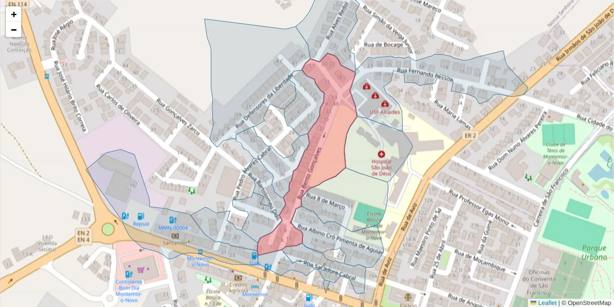 Mapa detalhado do código postal 7050-155 com limites, códigos postais vizinhos e agências dos correios