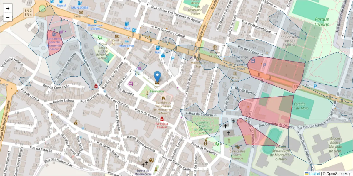 Mapa detalhado do código postal 7050-160 com limites, códigos postais vizinhos e agências dos correios