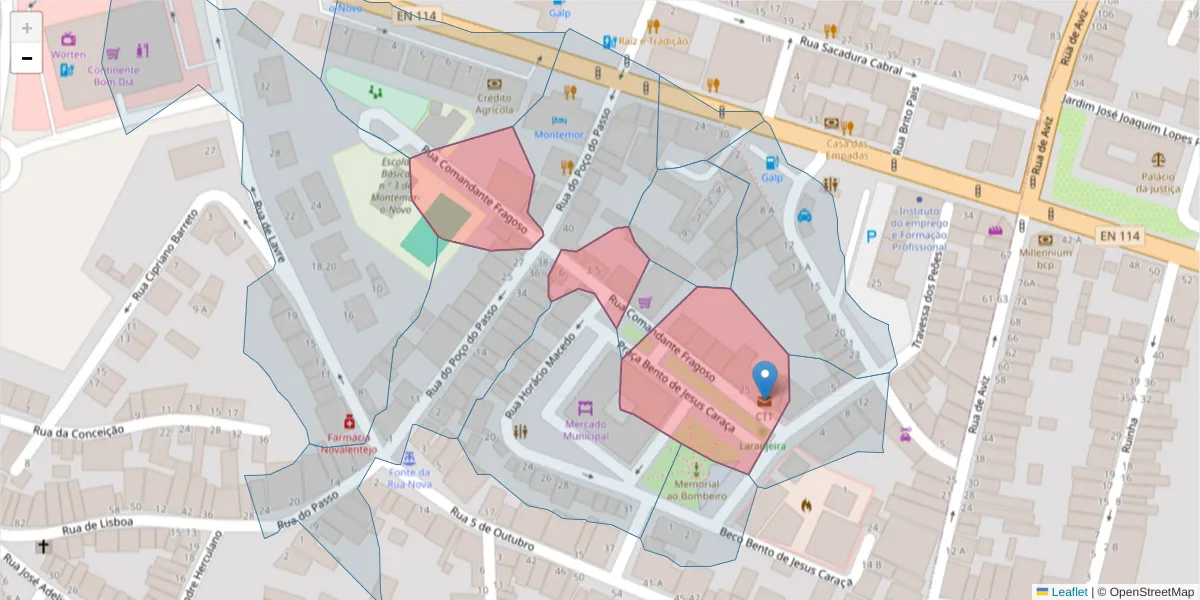 Mapa detalhado do código postal 7050-163 com limites, códigos postais vizinhos e agências dos correios