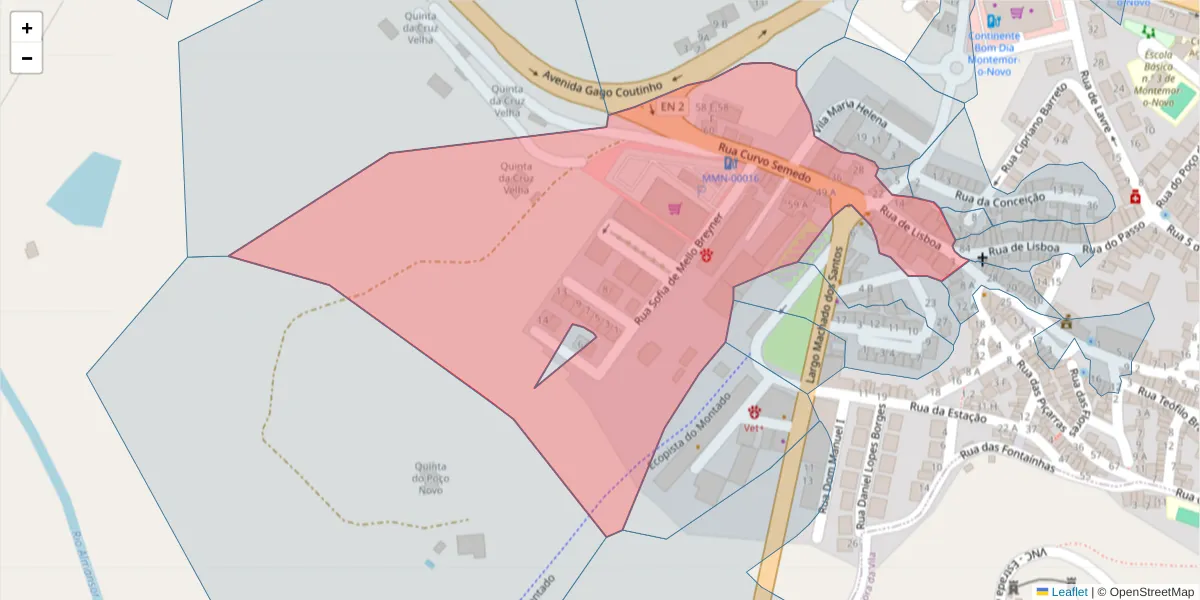 Mapa detalhado do código postal 7050-165 com limites, códigos postais vizinhos e agências dos correios