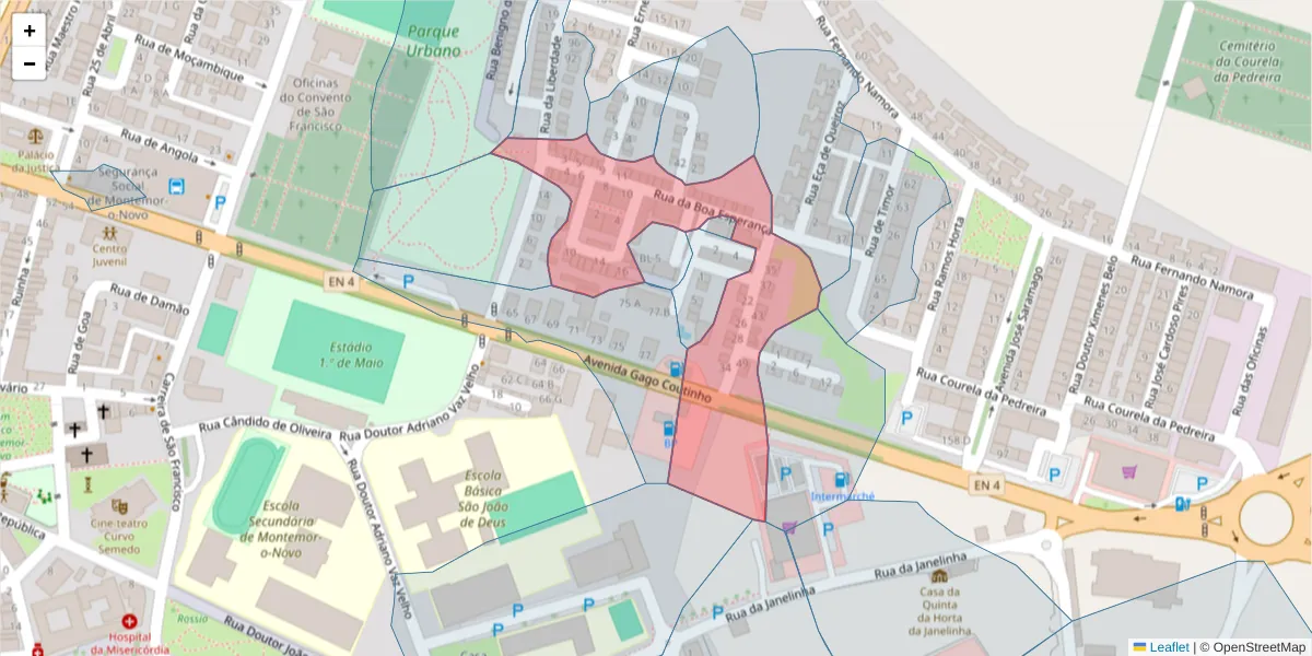 Mapa detalhado do código postal 7050-167 com limites, códigos postais vizinhos e agências dos correios