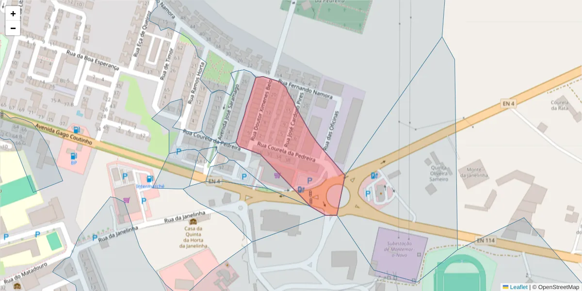 Mapa detalhado do código postal 7050-180 com limites, códigos postais vizinhos e agências dos correios