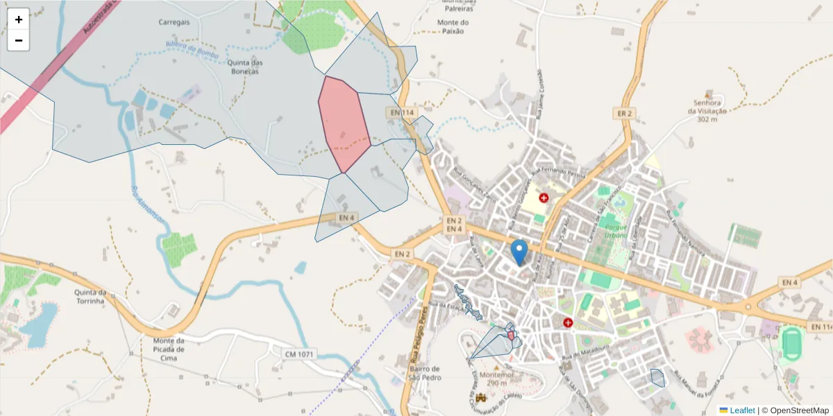 Mapa detalhado do código postal 7050-181 com limites, códigos postais vizinhos e agências dos correios