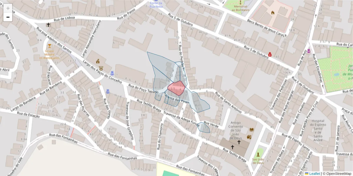 Mapa detalhado do código postal 7050-190 com limites, códigos postais vizinhos e agências dos correios
