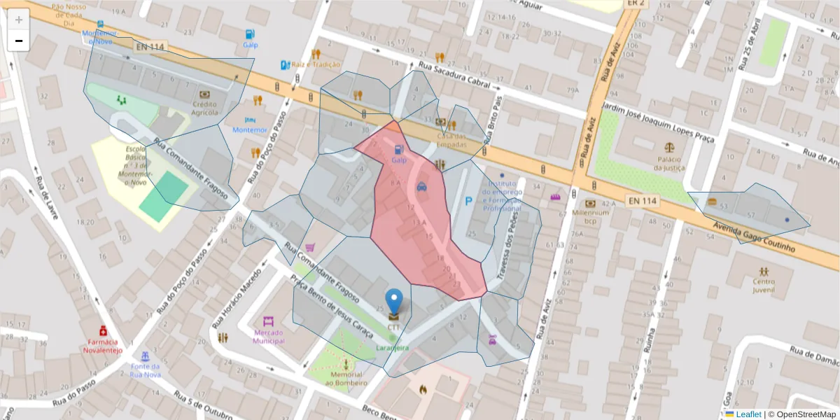Mapa detalhado do código postal 7050-192 com limites, códigos postais vizinhos e agências dos correios