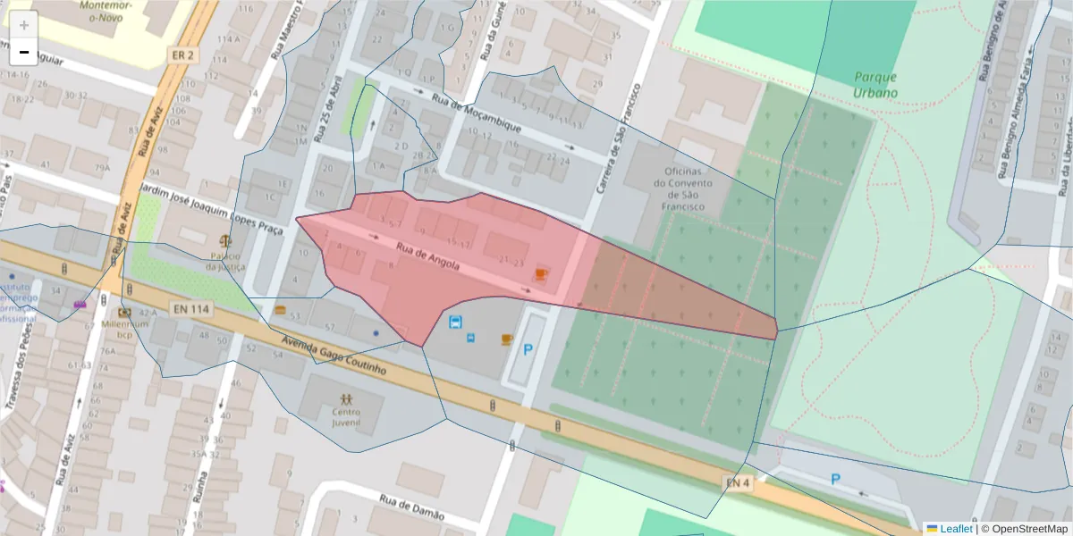 Mapa detalhado do código postal 7050-195 com limites, códigos postais vizinhos e agências dos correios