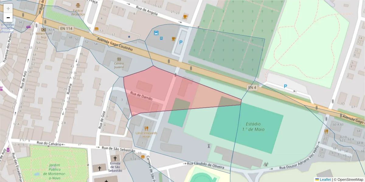 Mapa detalhado do código postal 7050-196 com limites, códigos postais vizinhos e agências dos correios