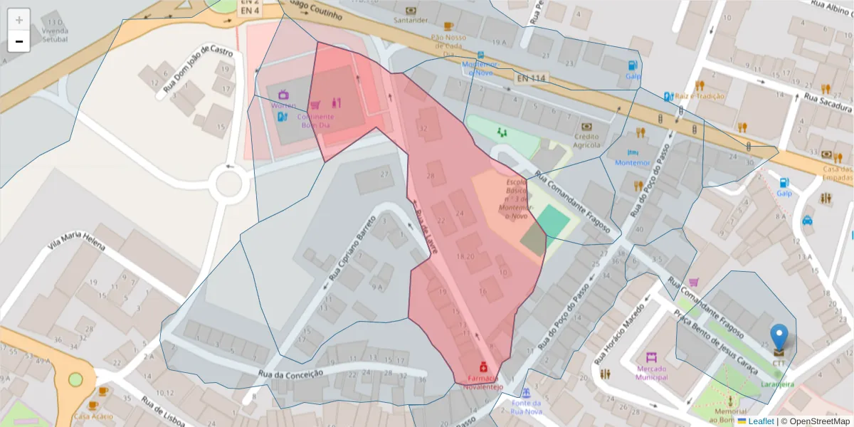 Mapa detalhado do código postal 7050-198 com limites, códigos postais vizinhos e agências dos correios