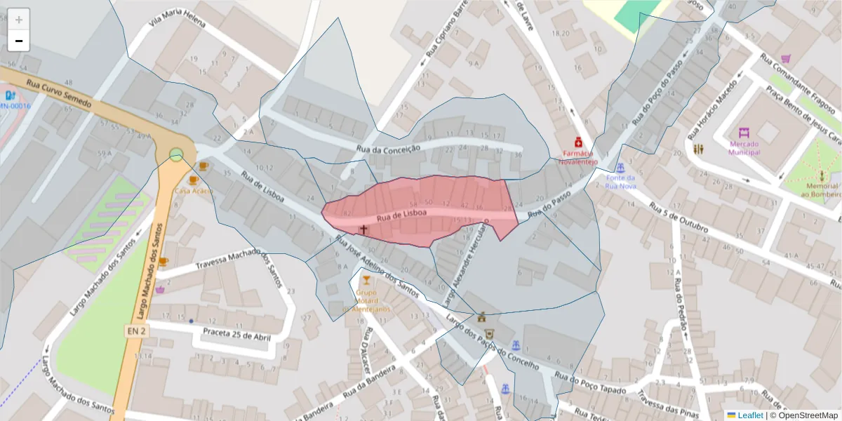 Mapa detalhado do código postal 7050-199 com limites, códigos postais vizinhos e agências dos correios