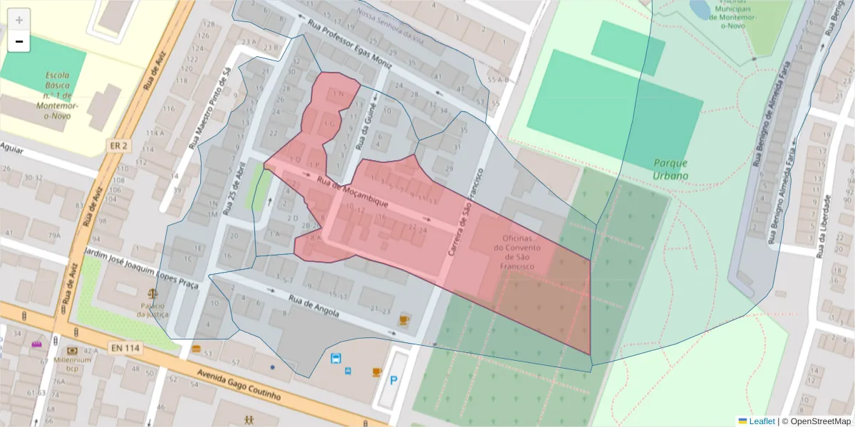 Mapa detalhado do código postal 7050-200 com limites, códigos postais vizinhos e agências dos correios