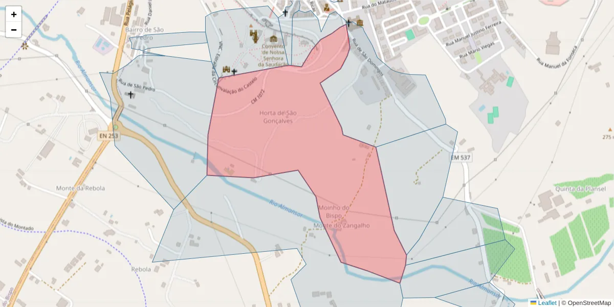 Mapa detalhado do código postal 7050-201 com limites, códigos postais vizinhos e agências dos correios