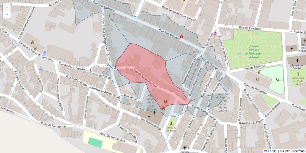 Mapa detalhado do código postal 7050-202 com limites, códigos postais vizinhos e agências dos correios