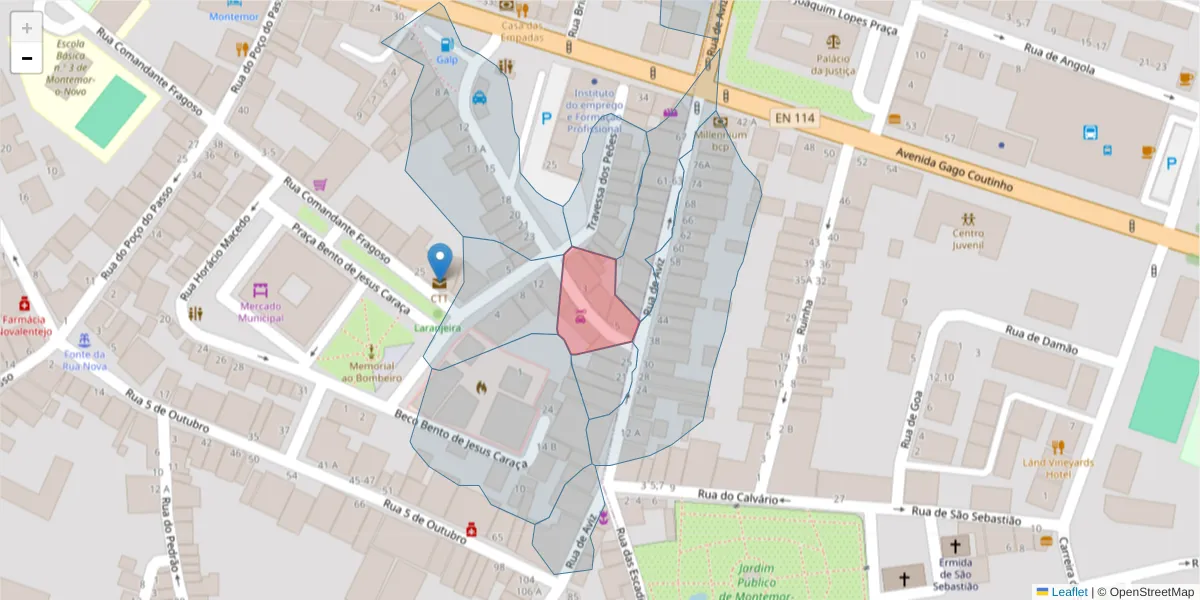 Mapa detalhado do código postal 7050-205 com limites, códigos postais vizinhos e agências dos correios