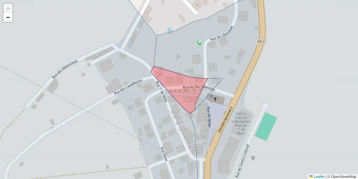 Mapa detalhado do código postal 7050-206 com limites, códigos postais vizinhos e agências dos correios