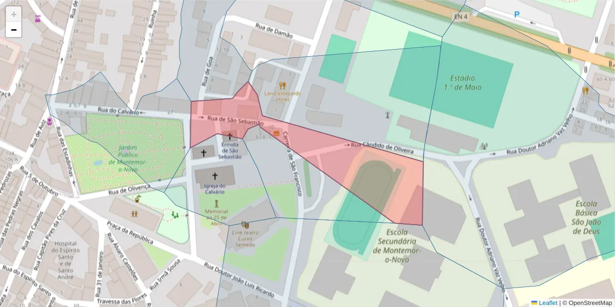 Mapa detalhado do código postal 7050-207 com limites, códigos postais vizinhos e agências dos correios