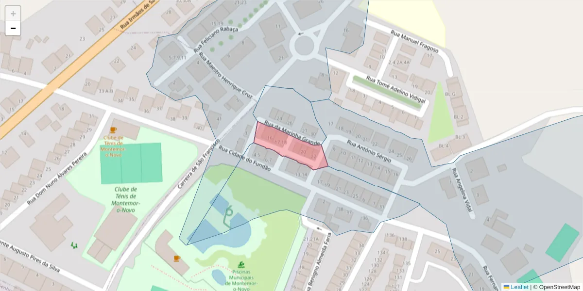 Mapa detalhado do código postal 7050-210 com limites, códigos postais vizinhos e agências dos correios