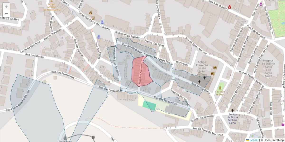 Mapa detalhado do código postal 7050-215 com limites, códigos postais vizinhos e agências dos correios