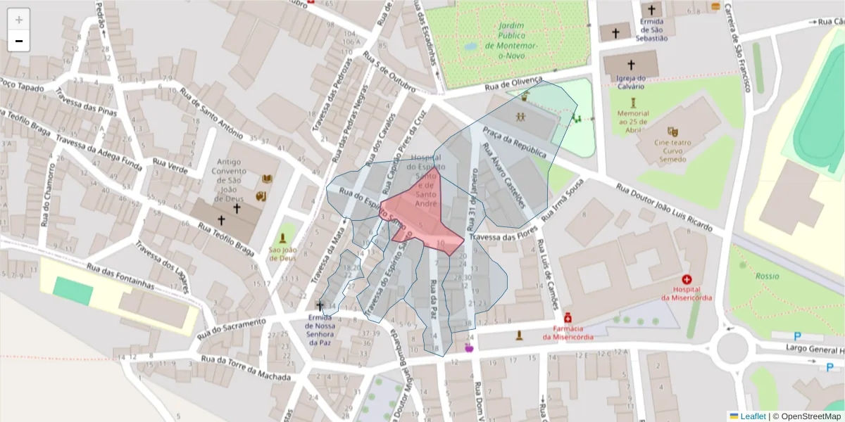 Mapa detalhado do código postal 7050-216 com limites, códigos postais vizinhos e agências dos correios